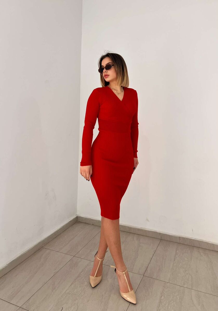 ONE COLOR OPEN NECK WOMEN DRESS RED/E KUQE - 3