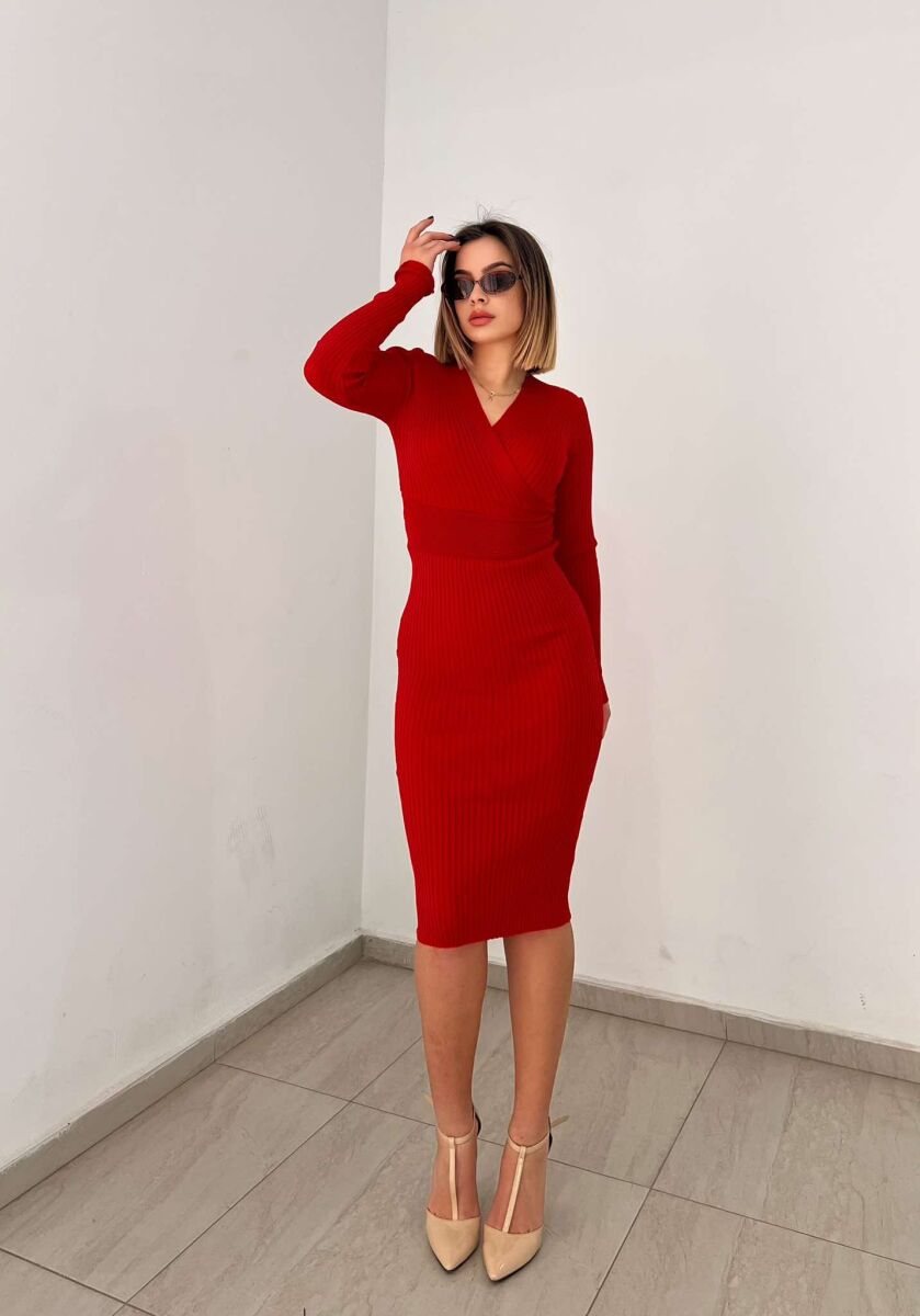 ONE COLOR OPEN NECK WOMEN DRESS RED/E KUQE - 5