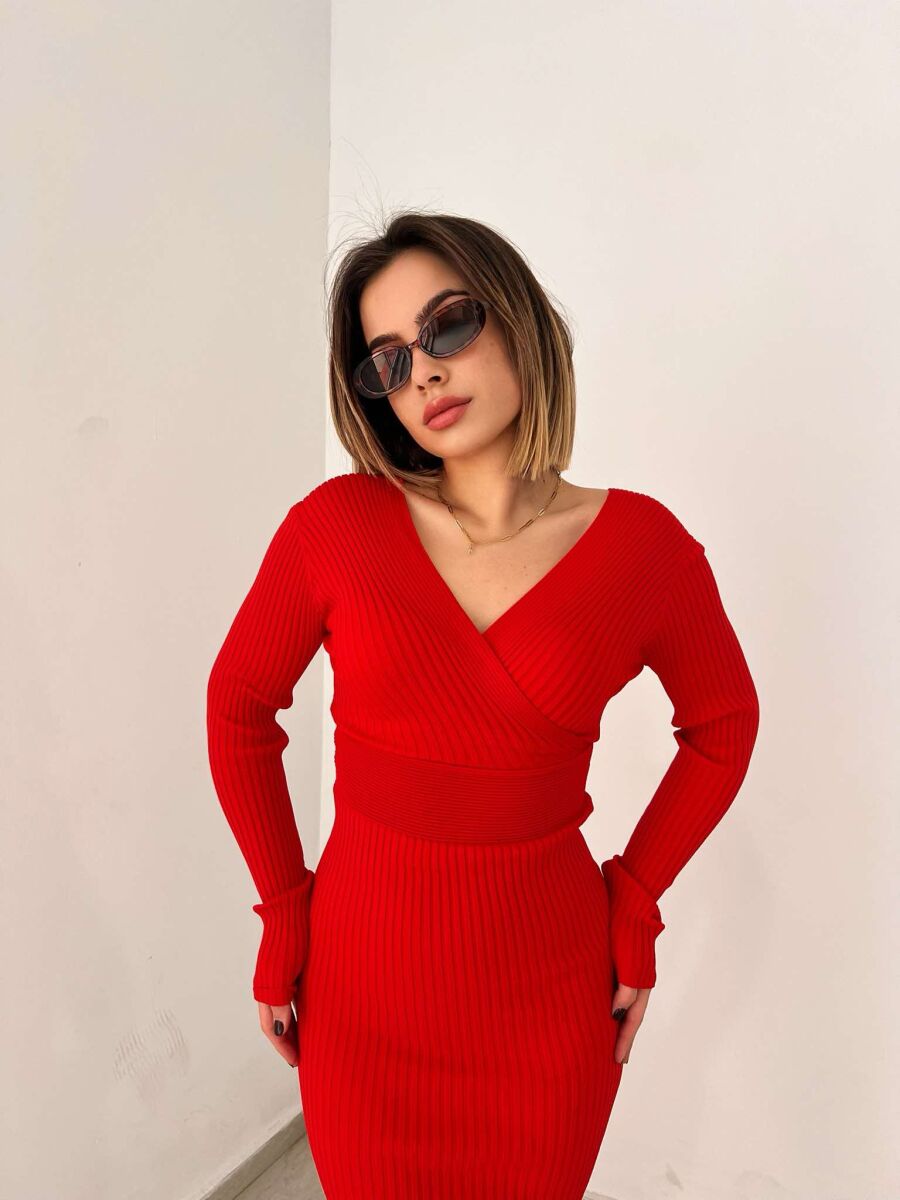 ONE COLOR OPEN NECK WOMEN DRESS RED/E KUQE - 7
