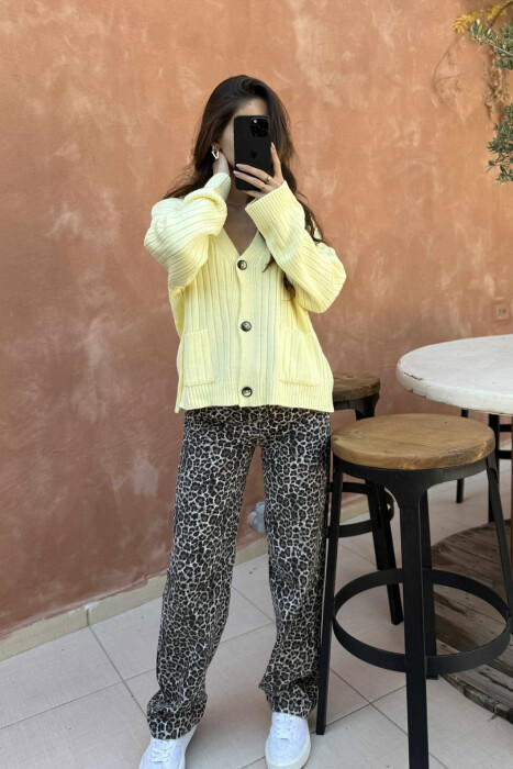 ONE COLOR POCKETS WOMEN CARDIGAN YELLOW/E VERDHE 