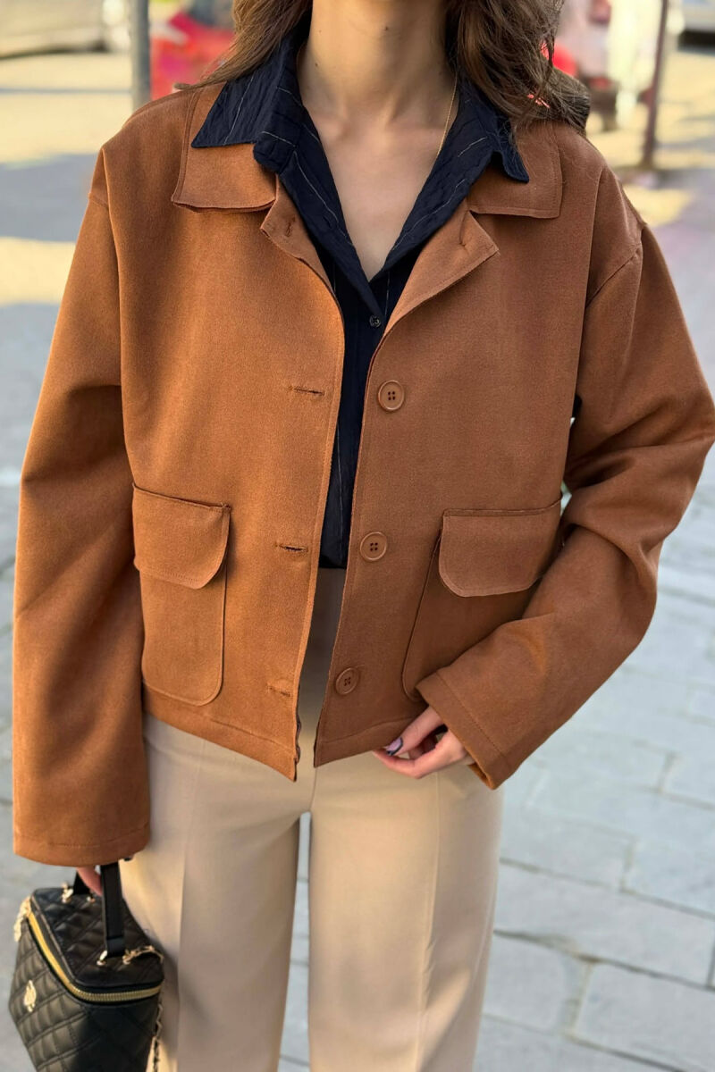 ONE COLOR POCKETS WOMEN JACKET BROWN/KAFE - 4