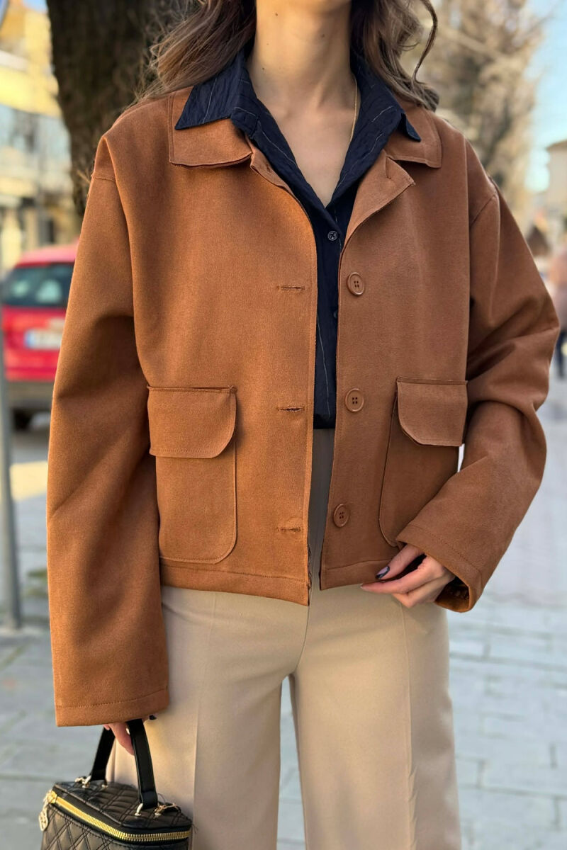 ONE COLOR POCKETS WOMEN JACKET BROWN/KAFE - 3