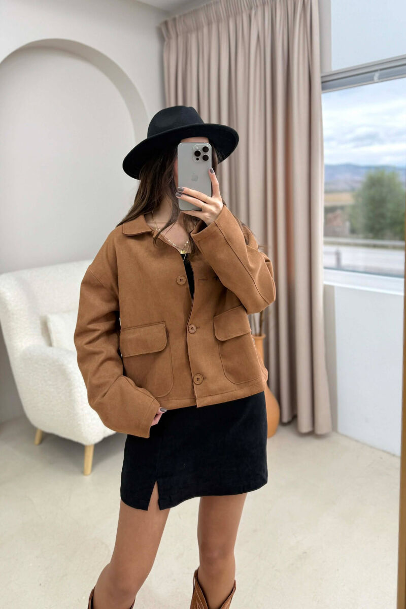 ONE COLOR POCKETS WOMEN JACKET BROWN/KAFE - 7