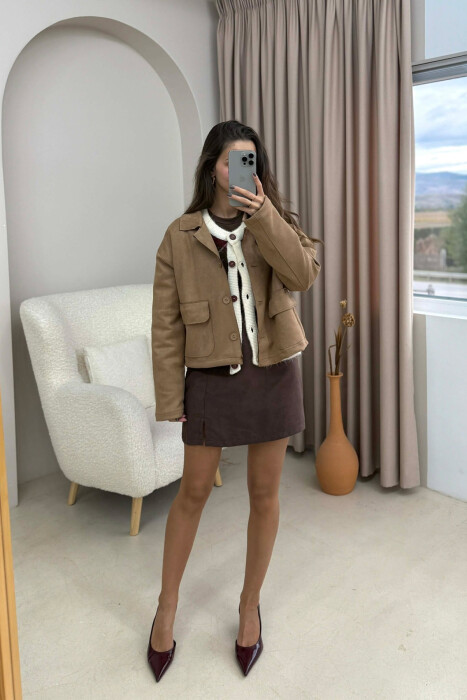 ONE COLOR POCKETS WOMEN JACKET LIGHT BROWN/KAZB - 4