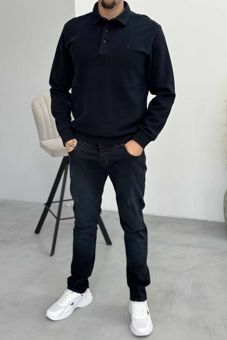 BLUZË NJË NGJYRËSHE ME JAKË POLO DHE BUTONA PËR MESHKUJ NË NGJYRËN BLU TË ERRËT - KLAUDIO FASHION