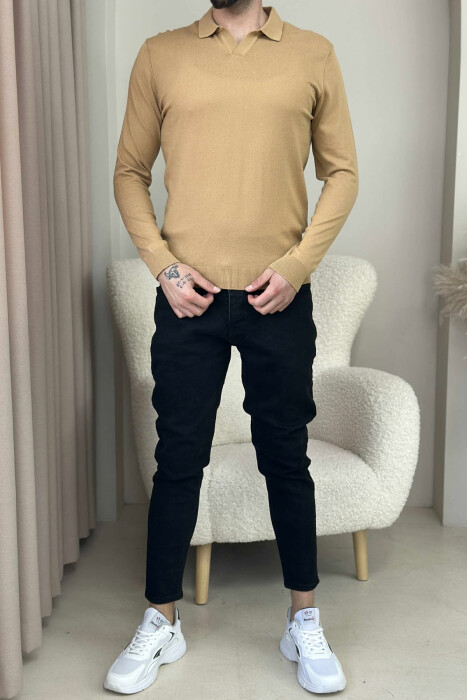ONE COLOR POLO NECK MEN SWEATER LIGHT BROWN/KAZB - 