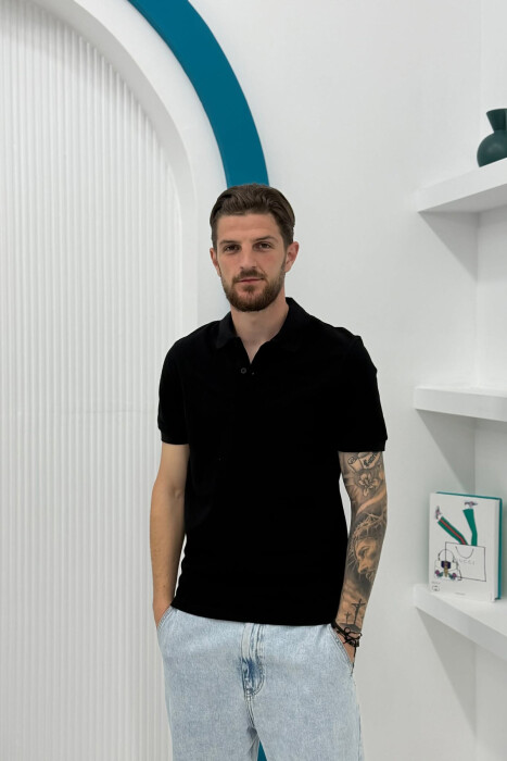 ONE COLOR POLO NECK MEN T-SHIRT BLACK/ E ZEZE - KLAUDIO FASHION