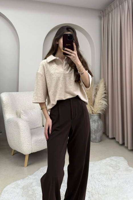 ONE COLOR POLO NECK SHORT SLEEVE WOMEN SWEATER BEIGE/BEZHE 