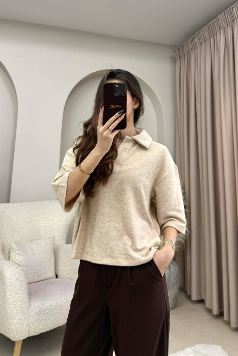 ONE COLOR POLO NECK SHORT SLEEVE WOMEN SWEATER BEIGE/BEZHE - 2