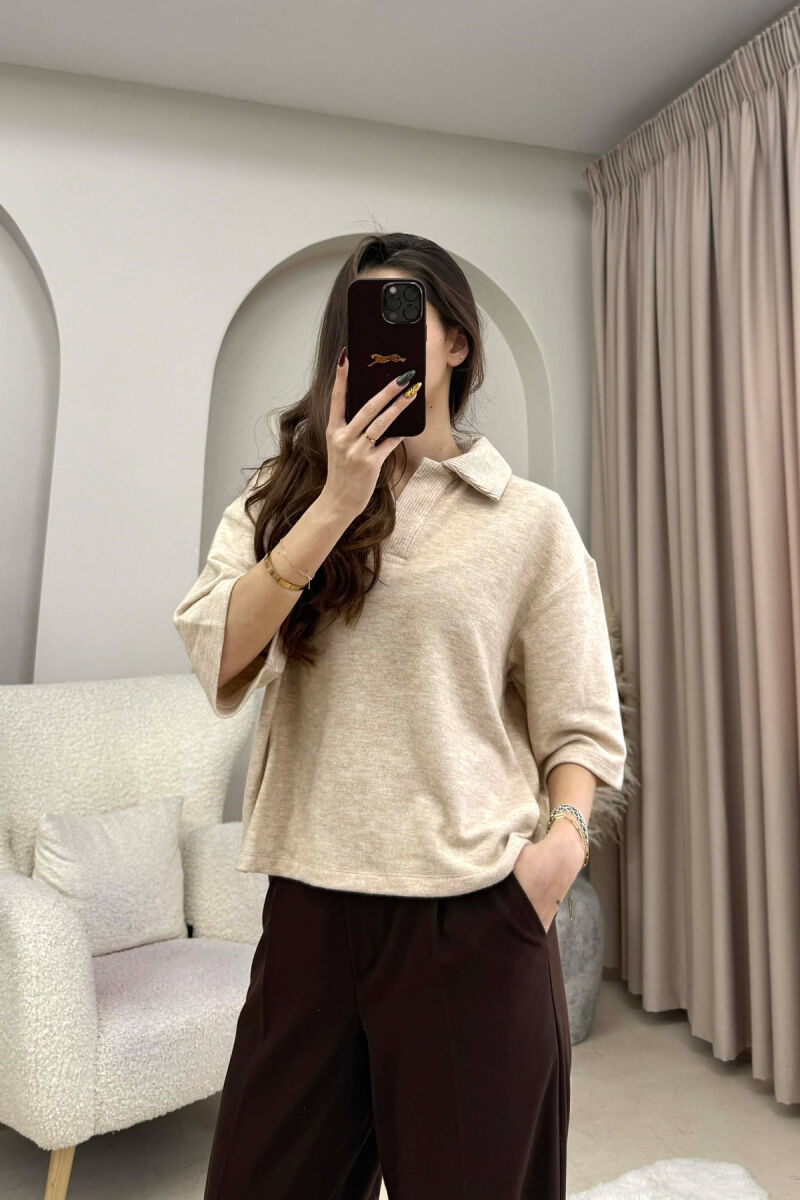 ONE COLOR POLO NECK SHORT SLEEVE WOMEN SWEATER BEIGE/BEZHE - 2