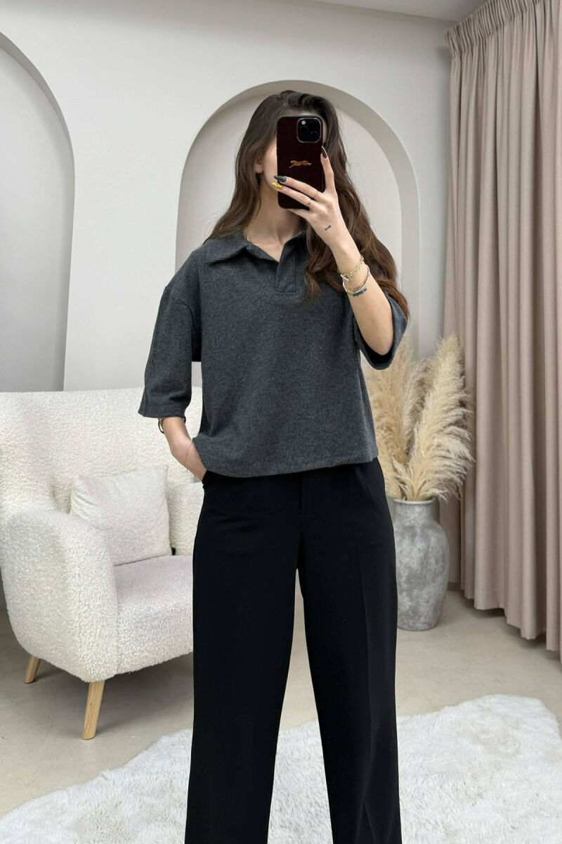 ONE COLOR POLO NECK SHORT SLEEVE WOMEN SWEATER DARK GREY/GEE - 1