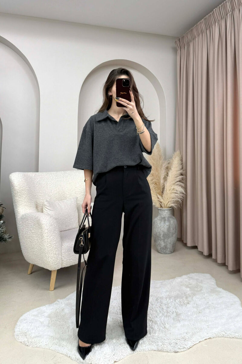 ONE COLOR POLO NECK SHORT SLEEVE WOMEN SWEATER DARK GREY/GEE - 2