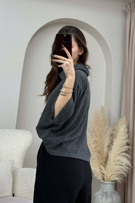 ONE COLOR POLO NECK SHORT SLEEVE WOMEN SWEATER DARK GREY/GEE - 3