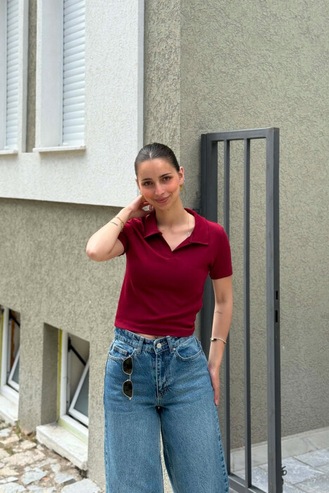 ONE COLOR POLO NECK WOMAN T-SHIRT BURGUNDY/VISHNJE - KLAUDIO FASHION