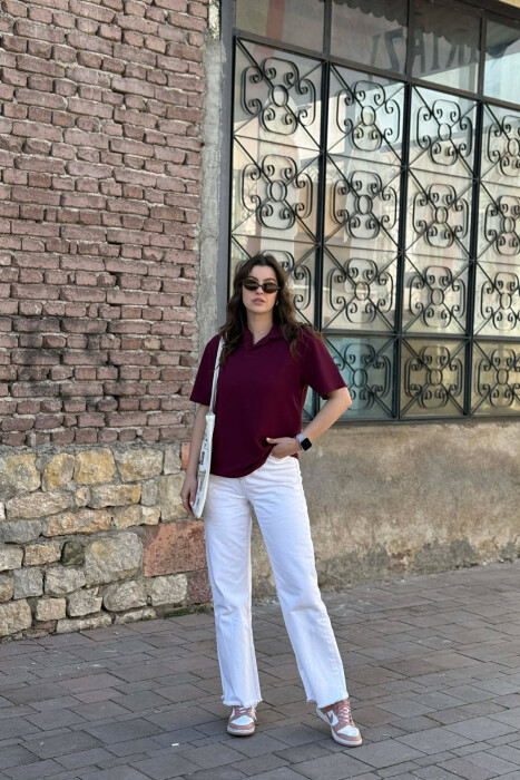 ONE COLOR POLO NECK WOMAN T-SHIRT + 6 PAIR SOCKS BURGUNDY/VISHNJE - 4