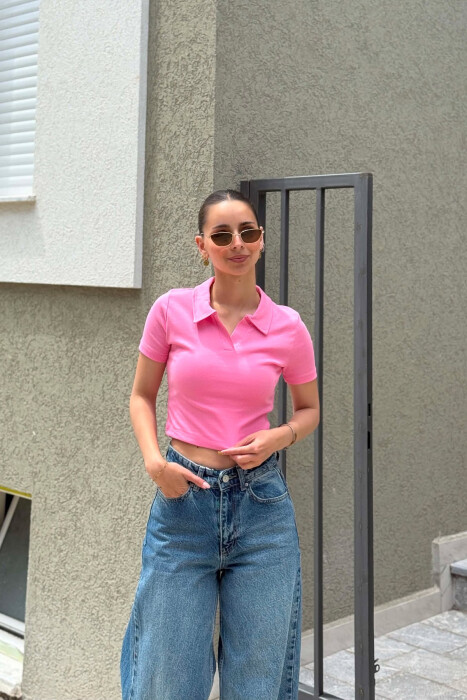 ONE COLOR POLO NECK WOMAN T-SHIRT PINK/ROZE - KLAUDIO FASHION