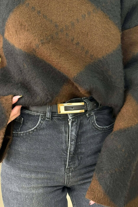 ONE COLOR RECTANGLE BUCKLE LEATHER WOMEN BELT BLACK+GOLD/ZEGO - 1