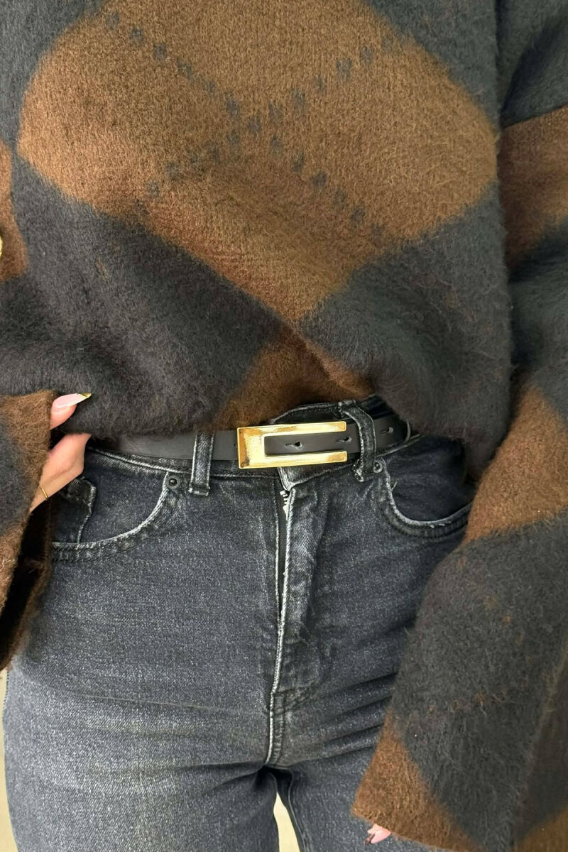 ONE COLOR RECTANGLE BUCKLE LEATHER WOMEN BELT BLACK+GOLD/ZEGO - 1