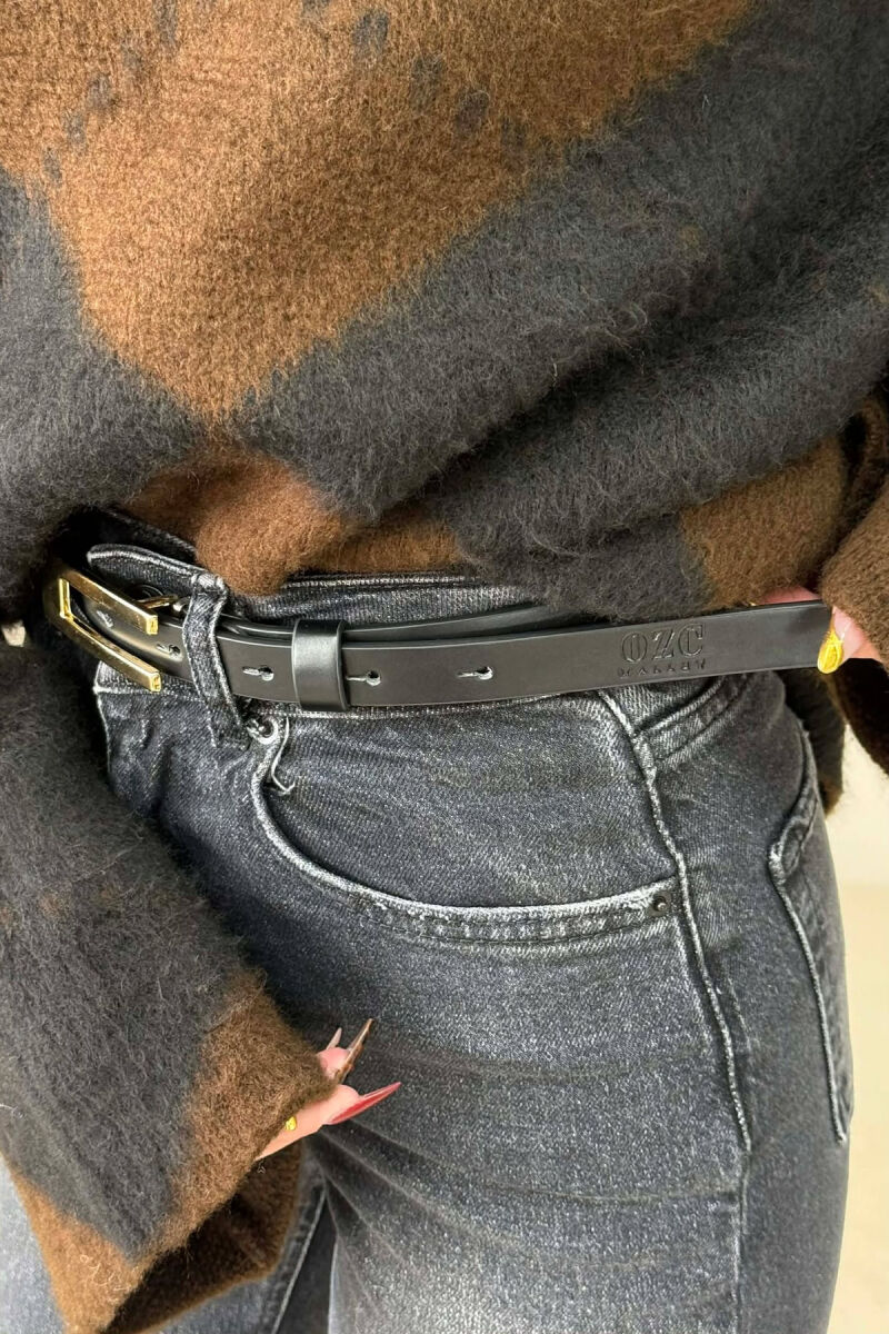 ONE COLOR RECTANGLE BUCKLE LEATHER WOMEN BELT BLACK+GOLD/ZEGO - 3