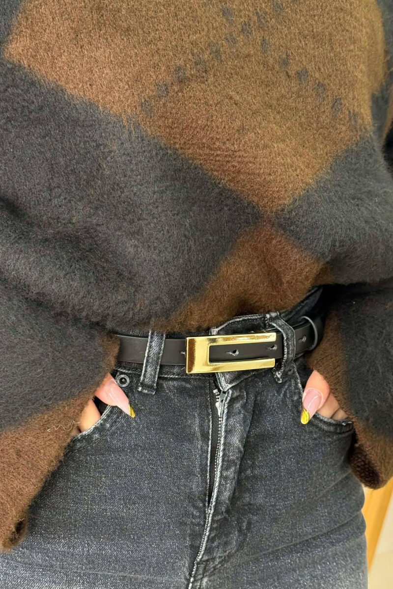 ONE COLOR RECTANGLE BUCKLE LEATHER WOMEN BELT BLACK+GOLD/ZEGO - 2