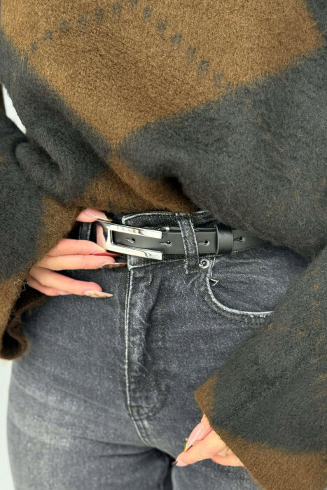 ONE COLOR RECTANGLE BUCKLE LEATHER WOMEN BELT BLACK+SILVER/ZEZE+ARGJEND - 1