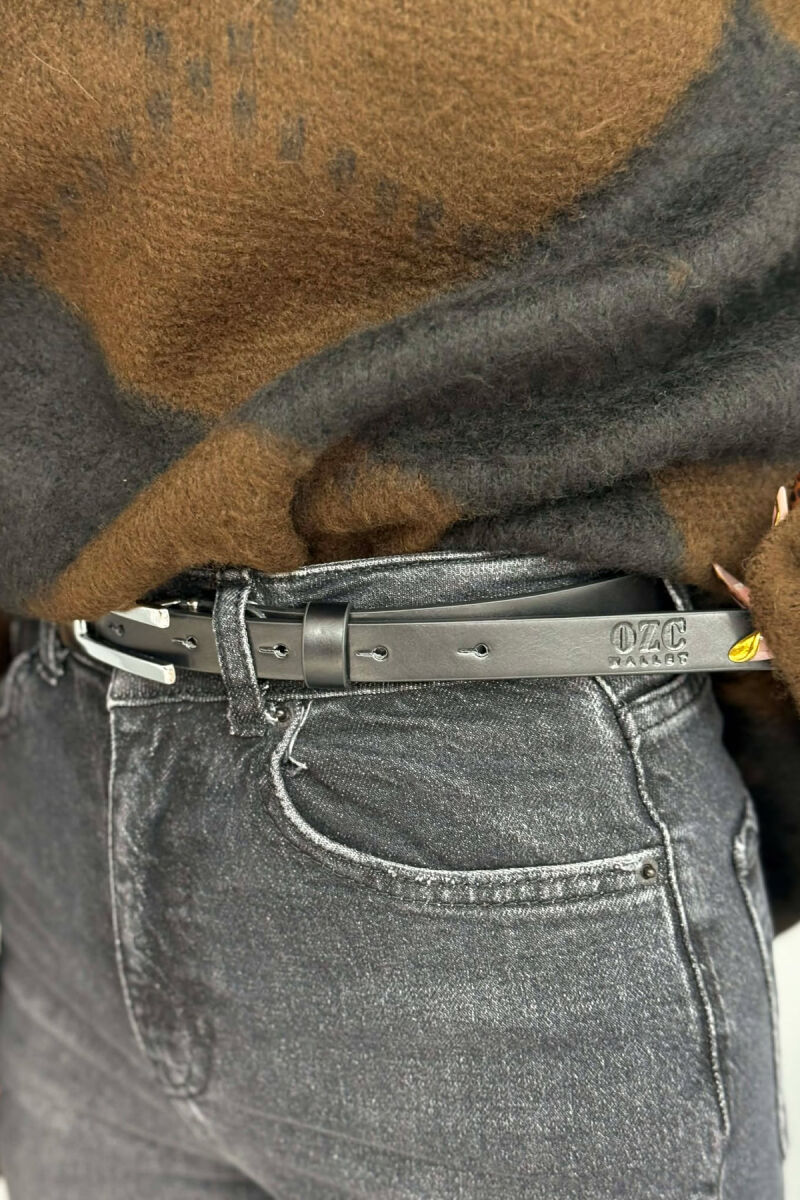 ONE COLOR RECTANGLE BUCKLE LEATHER WOMEN BELT BLACK+SILVER/ZEZE+ARGJEND - 3