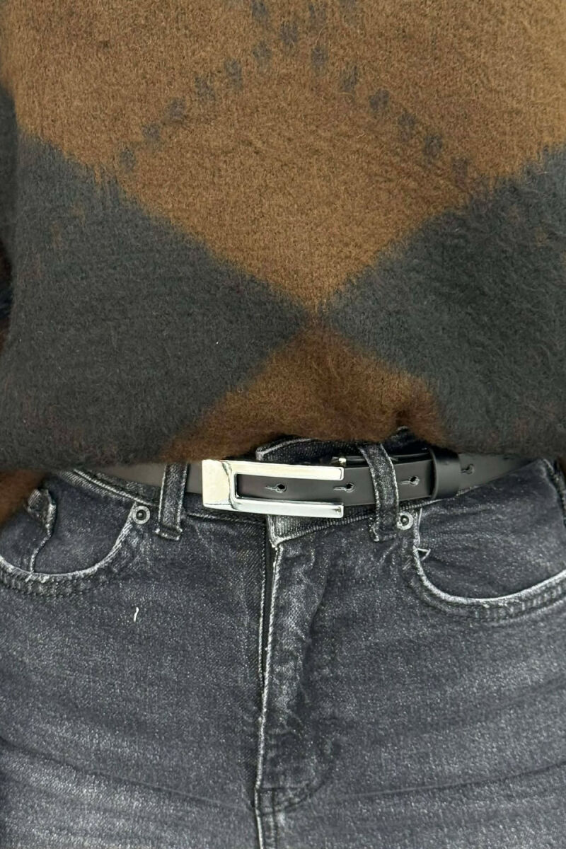 ONE COLOR RECTANGLE BUCKLE LEATHER WOMEN BELT BLACK+SILVER/ZEZE+ARGJEND - 2