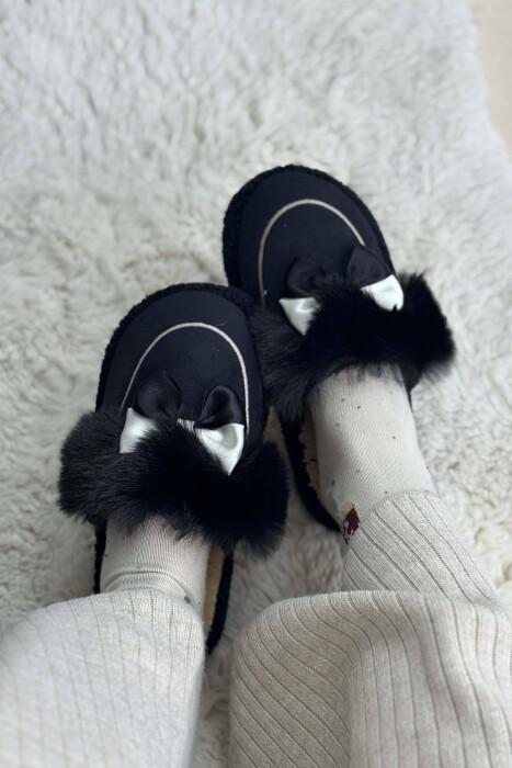 ONE COLOR RIBBON DETAIL WOMAN TEDDY SLIPPERS BLACK/ E ZEZE - 3
