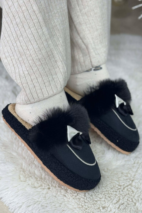ONE COLOR RIBBON DETAIL WOMAN TEDDY SLIPPERS BLACK/ E ZEZE - 4