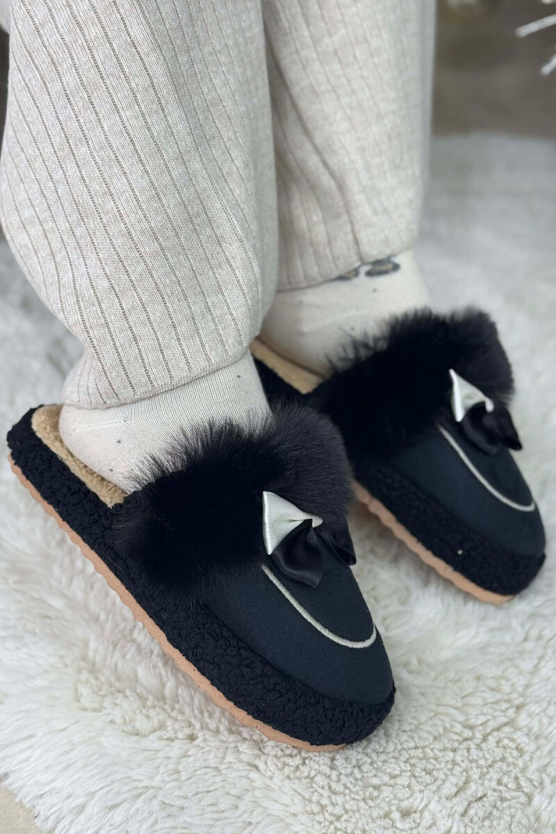 ONE COLOR RIBBON DETAIL WOMAN TEDDY SLIPPERS BLACK/ E ZEZE - 4