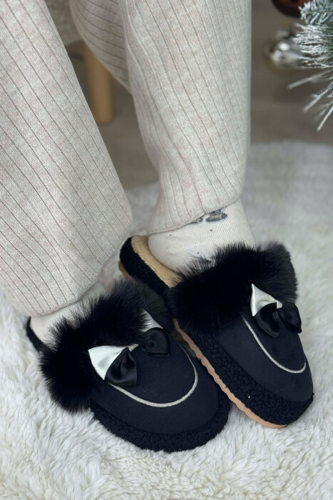 ONE COLOR RIBBON DETAIL WOMAN TEDDY SLIPPERS BLACK/ E ZEZE 