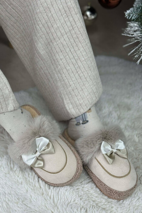 ONE COLOR RIBBON DETAIL WOMAN TEDDY SLIPPERS CREAM/KREM - 2