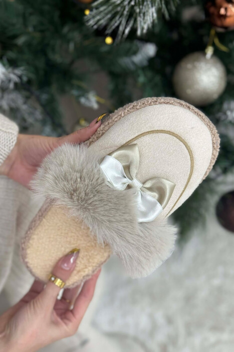 ONE COLOR RIBBON DETAIL WOMAN TEDDY SLIPPERS CREAM/KREM - 3