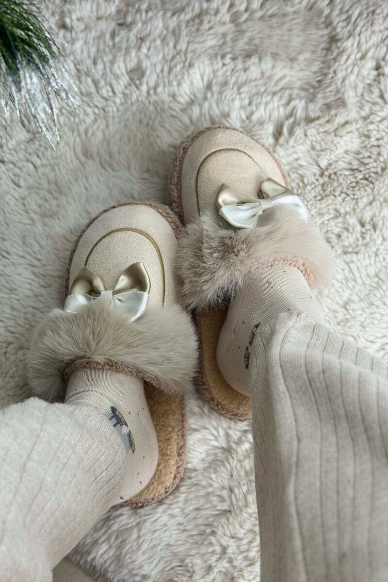 ONE COLOR RIBBON DETAIL WOMAN TEDDY SLIPPERS CREAM/KREM - 4