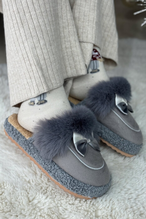 ONE COLOR RIBBON DETAIL WOMAN TEDDY SLIPPERS DARK GREY/GEE - KLAUDIO FASHION