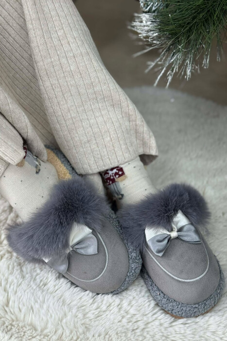 ONE COLOR RIBBON DETAIL WOMAN TEDDY SLIPPERS DARK GREY/GEE - 2