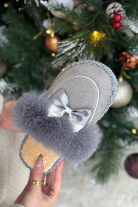 ONE COLOR RIBBON DETAIL WOMAN TEDDY SLIPPERS DARK GREY/GEE - 3