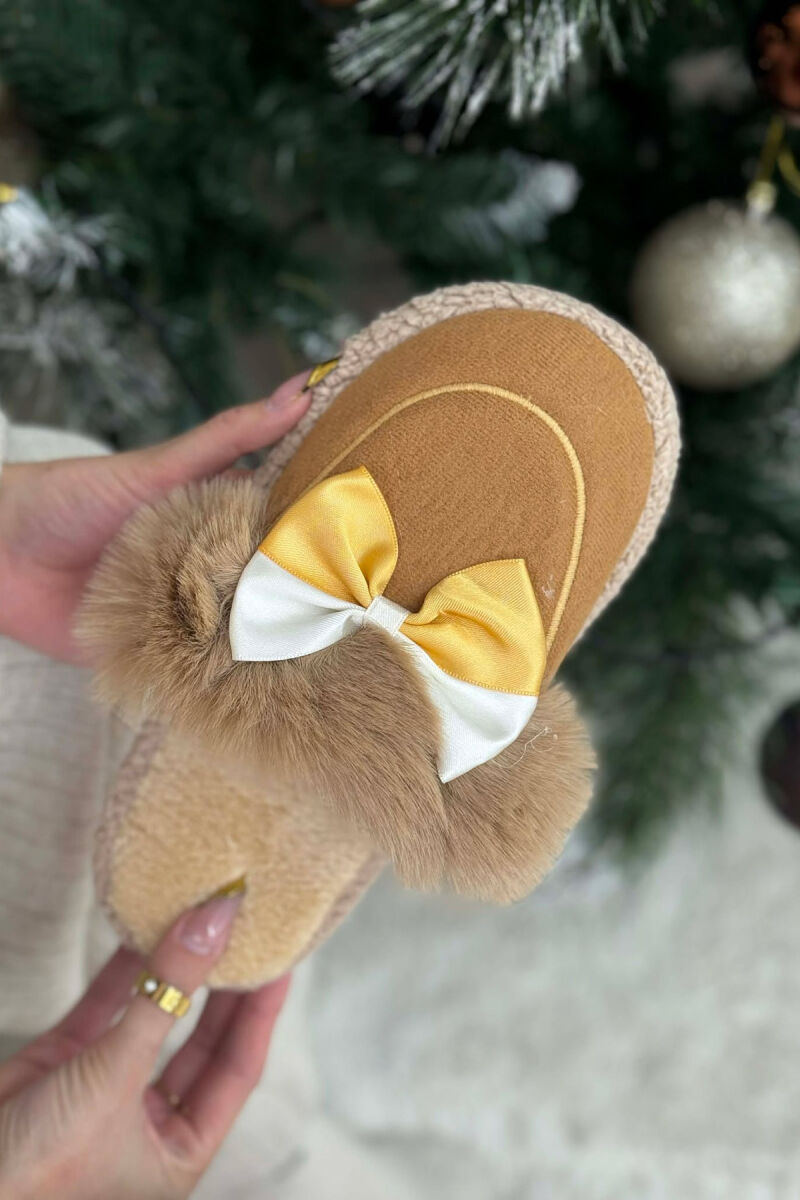 ONE COLOR RIBBON DETAIL WOMAN TEDDY SLIPPERS LIGHT BROWN/KAZB - 2