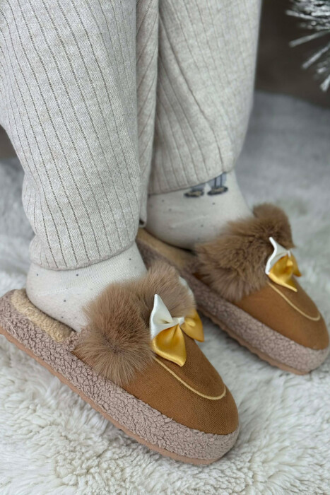 ONE COLOR RIBBON DETAIL WOMAN TEDDY SLIPPERS LIGHT BROWN/KAZB - 4