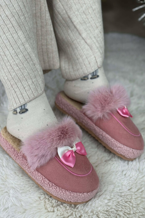 ONE COLOR RIBBON DETAIL WOMAN TEDDY SLIPPERS PINK/ROZE - 1