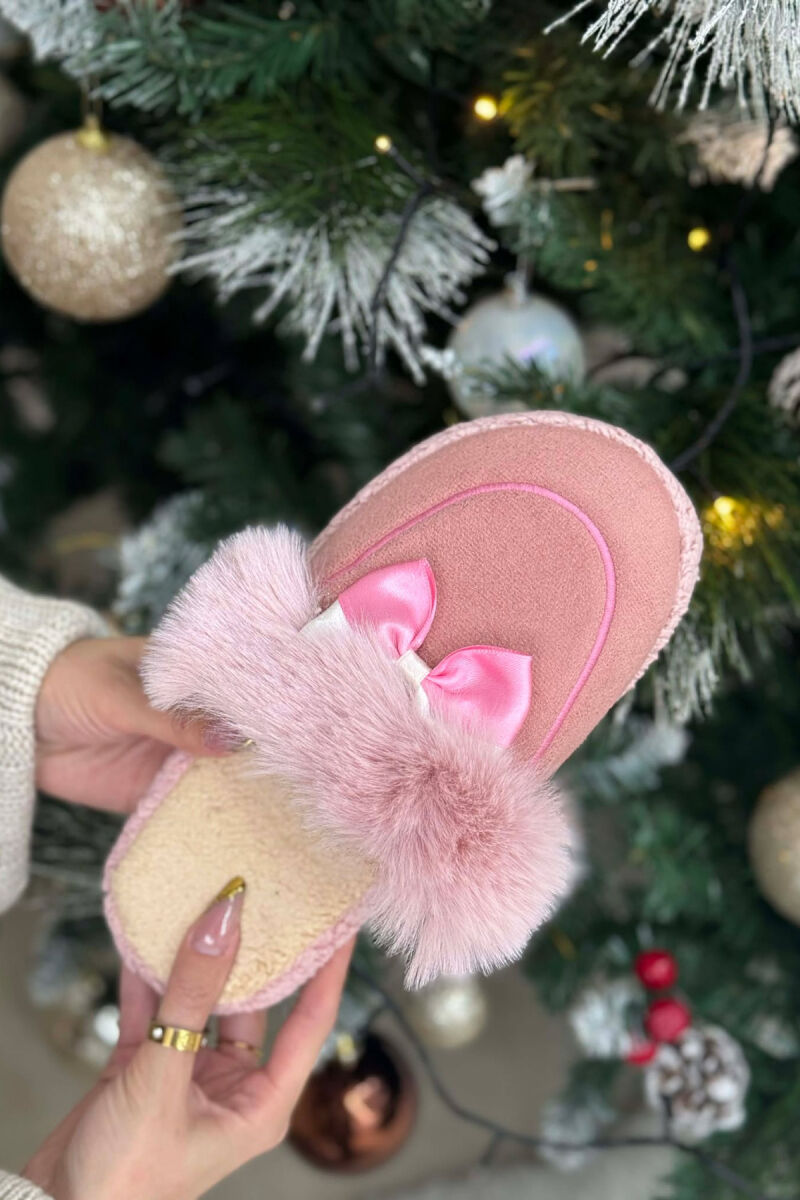 ONE COLOR RIBBON DETAIL WOMAN TEDDY SLIPPERS PINK/ROZE - 3