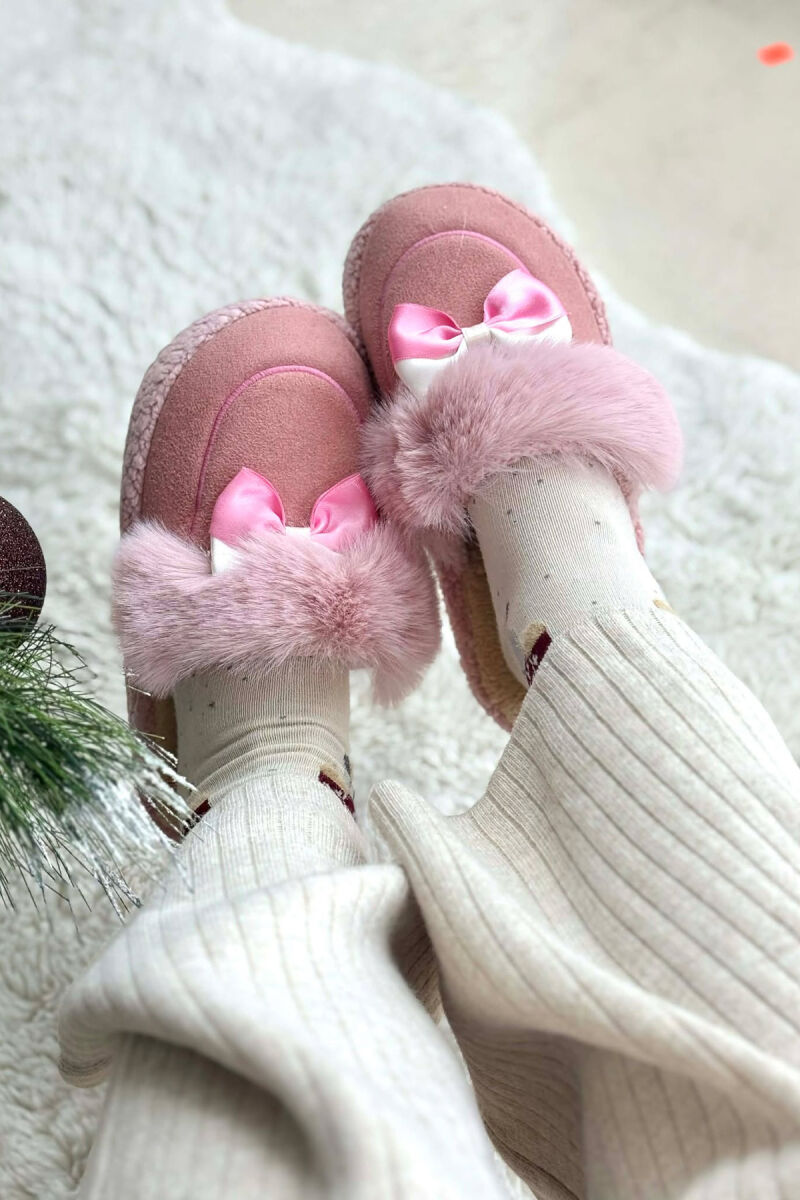 ONE COLOR RIBBON DETAIL WOMAN TEDDY SLIPPERS PINK/ROZE - 4
