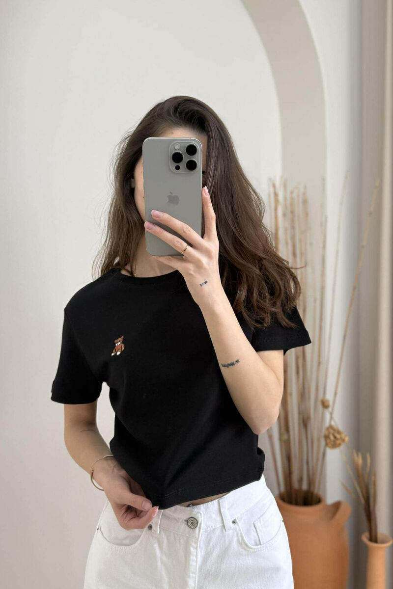 ONE COLOR ROUND NECK BEAR LOGO WOMEN T-SHIRT BLACK/ E ZEZE - 1