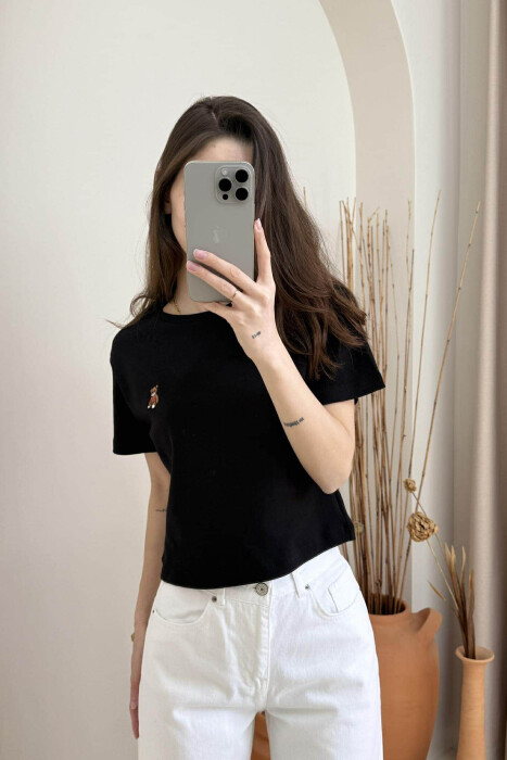 ONE COLOR ROUND NECK BEAR LOGO WOMEN T-SHIRT BLACK/ E ZEZE - 2