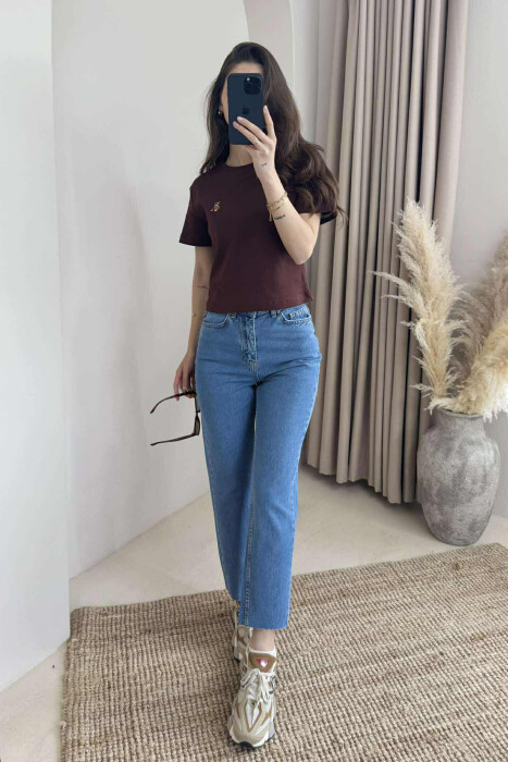 ONE COLOR ROUND NECK BEAR LOGO WOMEN T-SHIRT BROWN/KAFE 