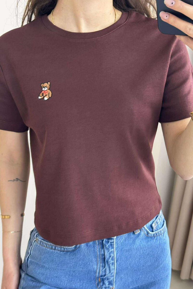 ONE COLOR ROUND NECK BEAR LOGO WOMEN T-SHIRT BROWN/KAFE - 2