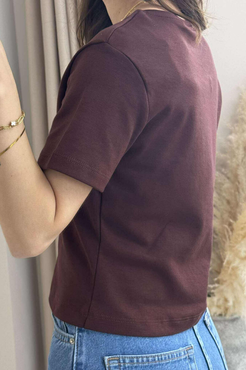 ONE COLOR ROUND NECK BEAR LOGO WOMEN T-SHIRT BROWN/KAFE - 3