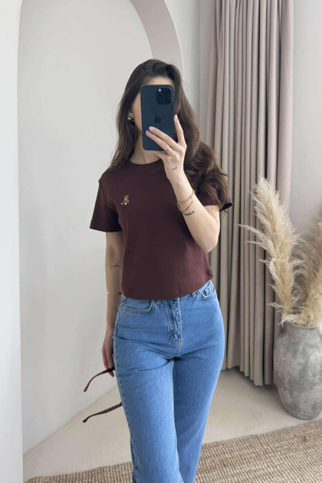 ONE COLOR ROUND NECK BEAR LOGO WOMEN T-SHIRT BROWN/KAFE - 4