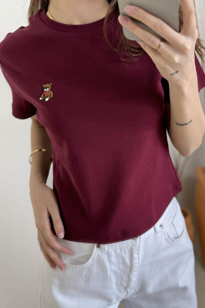 ONE COLOR ROUND NECK BEAR LOGO WOMEN T-SHIRT BURGUNDY/VISHNJE - 2