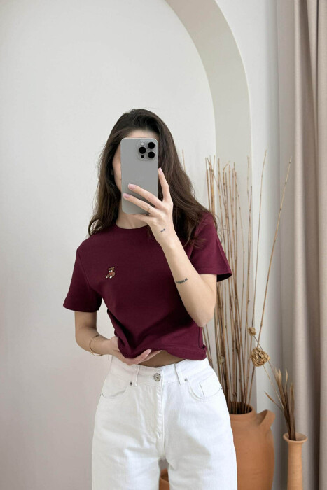 ONE COLOR ROUND NECK BEAR LOGO WOMEN T-SHIRT BURGUNDY/VISHNJE - 4